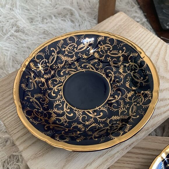 Set Of Three Small Dark Navy Blue & Gold Porcelain Saucers Signed Richard Ginori - Picture 2 of 16
